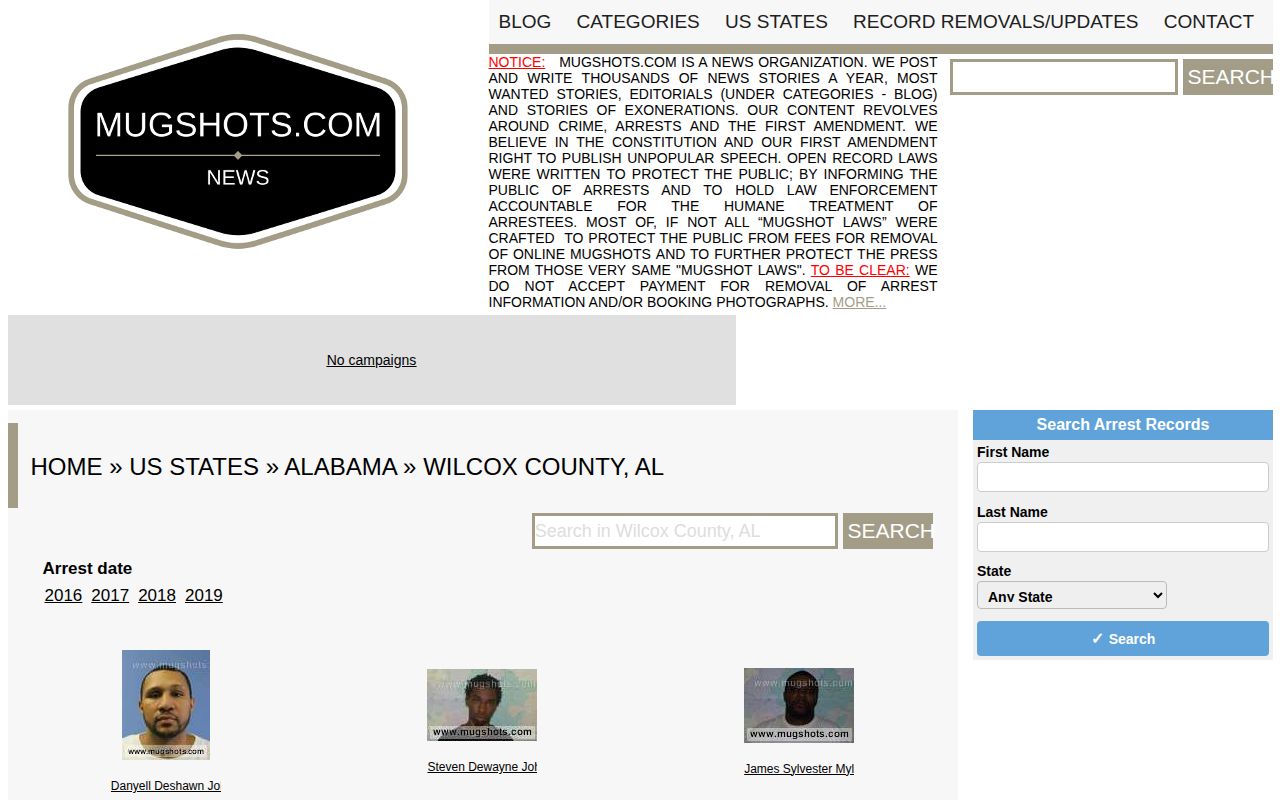 Unofficial historical Wilcox County mugshot archive with stale year filters