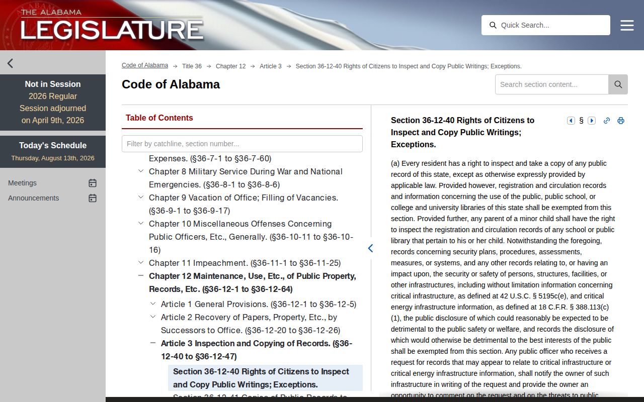 Alabama public records law for Wilcox County booking records