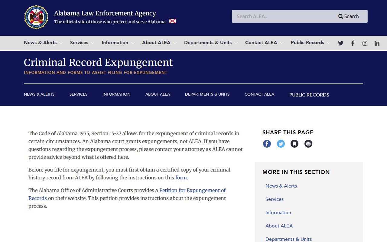 ALEA expungement information for Wilcox County arrest records